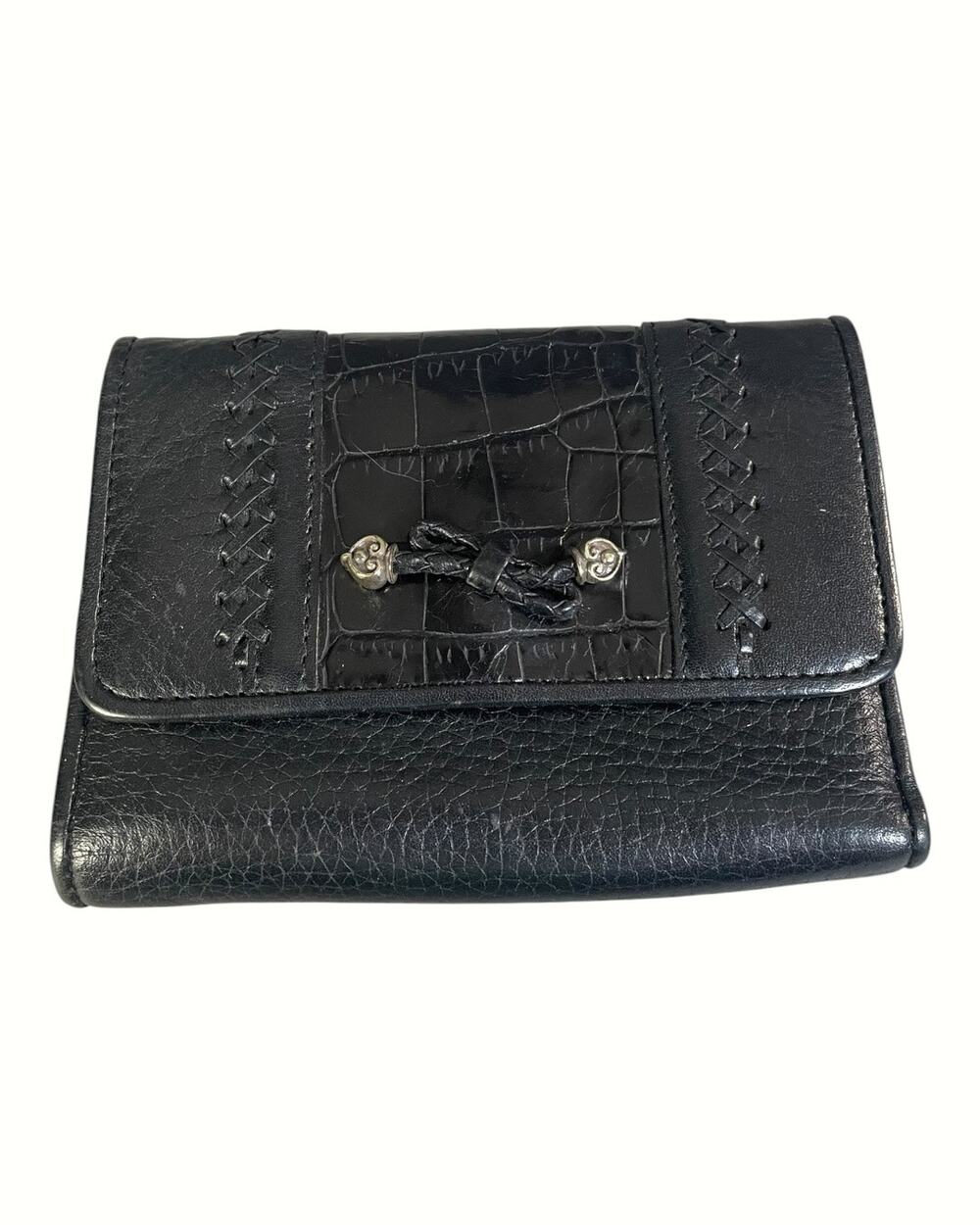Brighton Black Leather Organizer Wallet W/ Crocodile Embossed Flap & Braid Trim